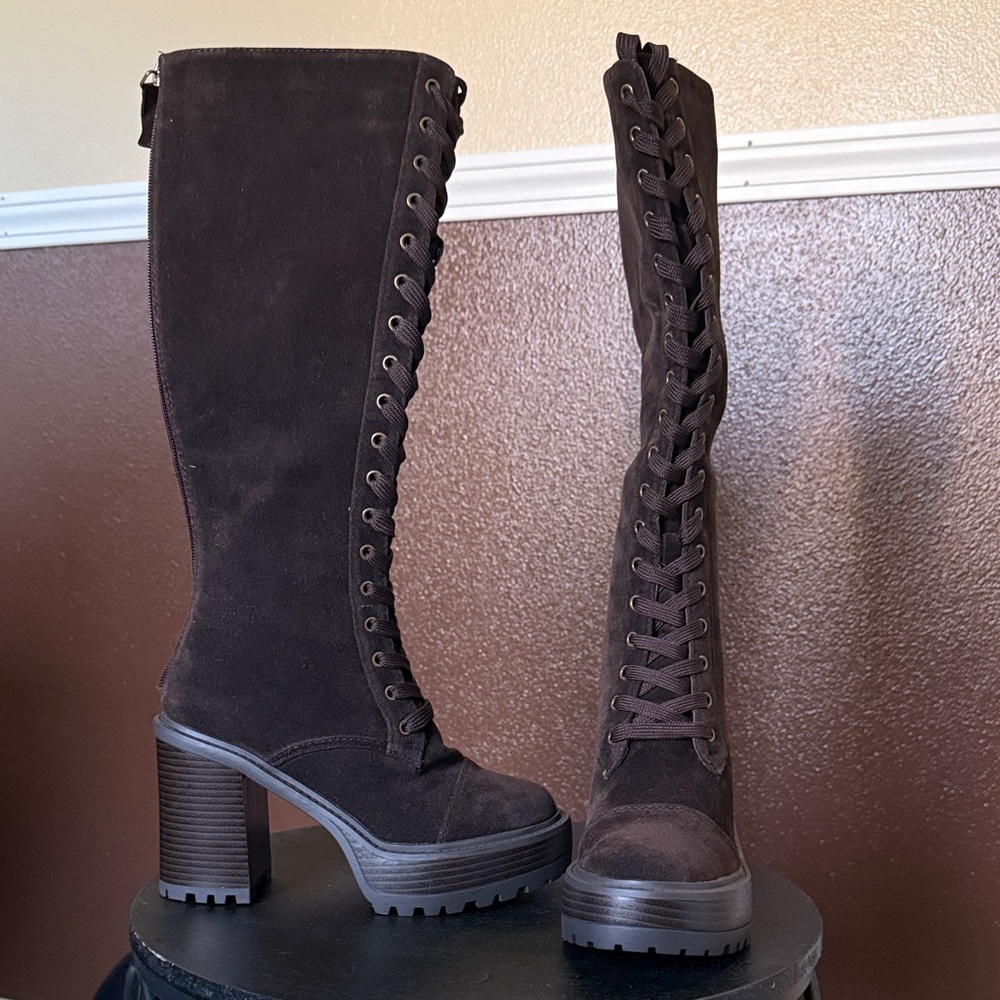 JustFab Dark Brown Heeled Lace-Up Boots